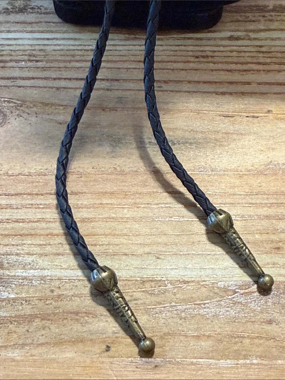Vintage Black Leather Gold Tone Bull Cowboy Bolo Western Tie